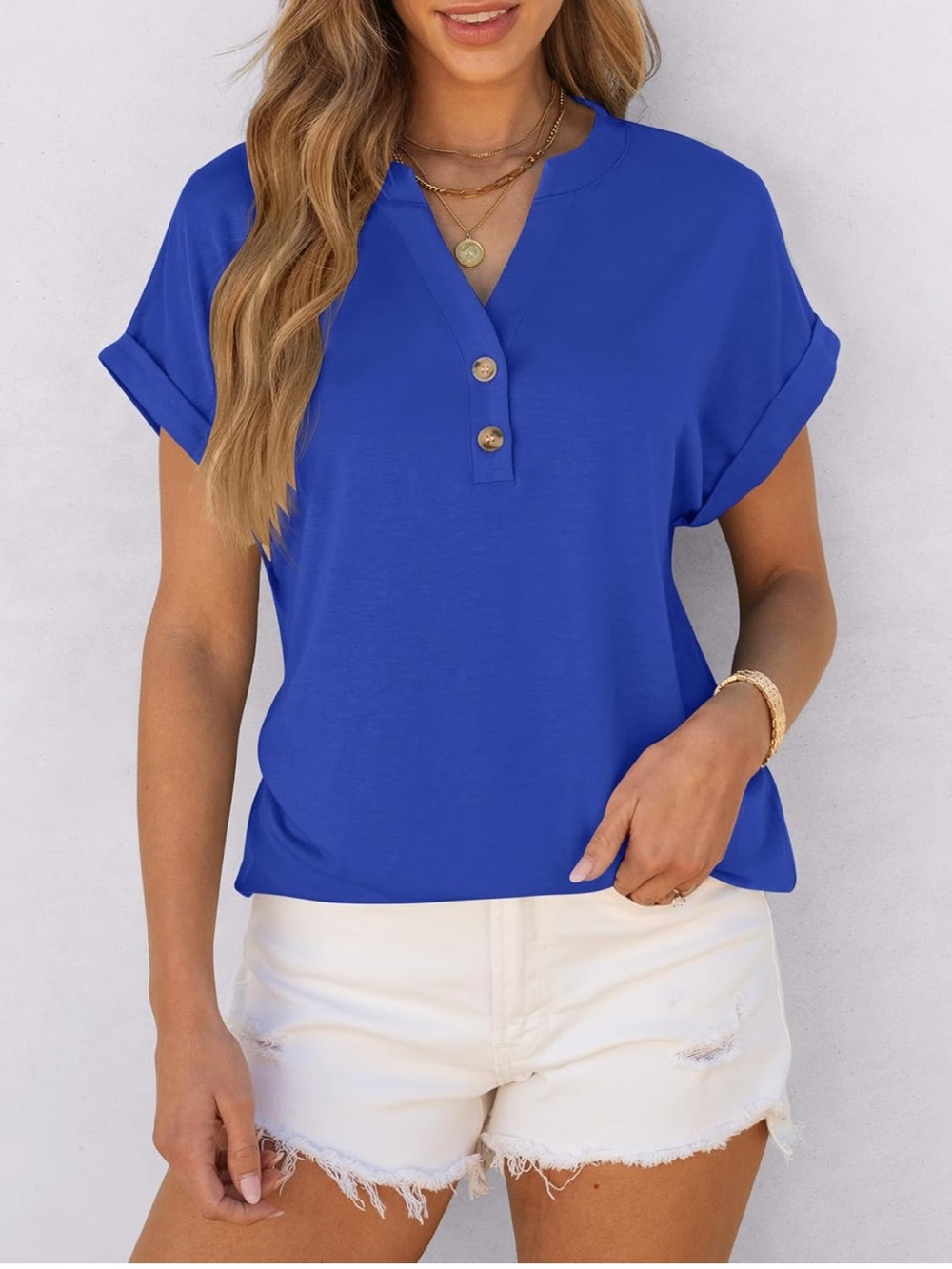 ANRABESS Short Sleeve Henley Top V Neck Dressy Casual Blouses Summer Trendy Tee - Picture 4 of 11